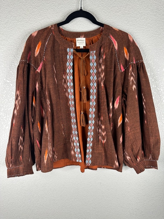 World Market Boho Brown Aztec Print Indie Hippie Front Tie Open Top Size Medium - Picture 2 of 7